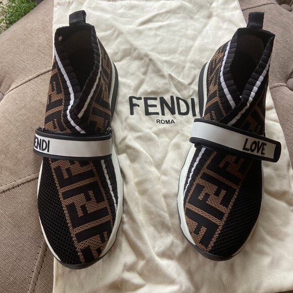Fendi Love Brown and Black Logo Rockoko FF Motif Inlay Sneakers Size 37